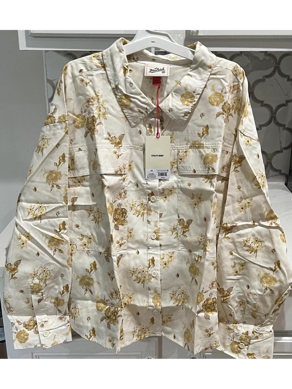 New Woolrich/Target Floral Button-down Utility Shirt Cream/Yellow Womens 1X